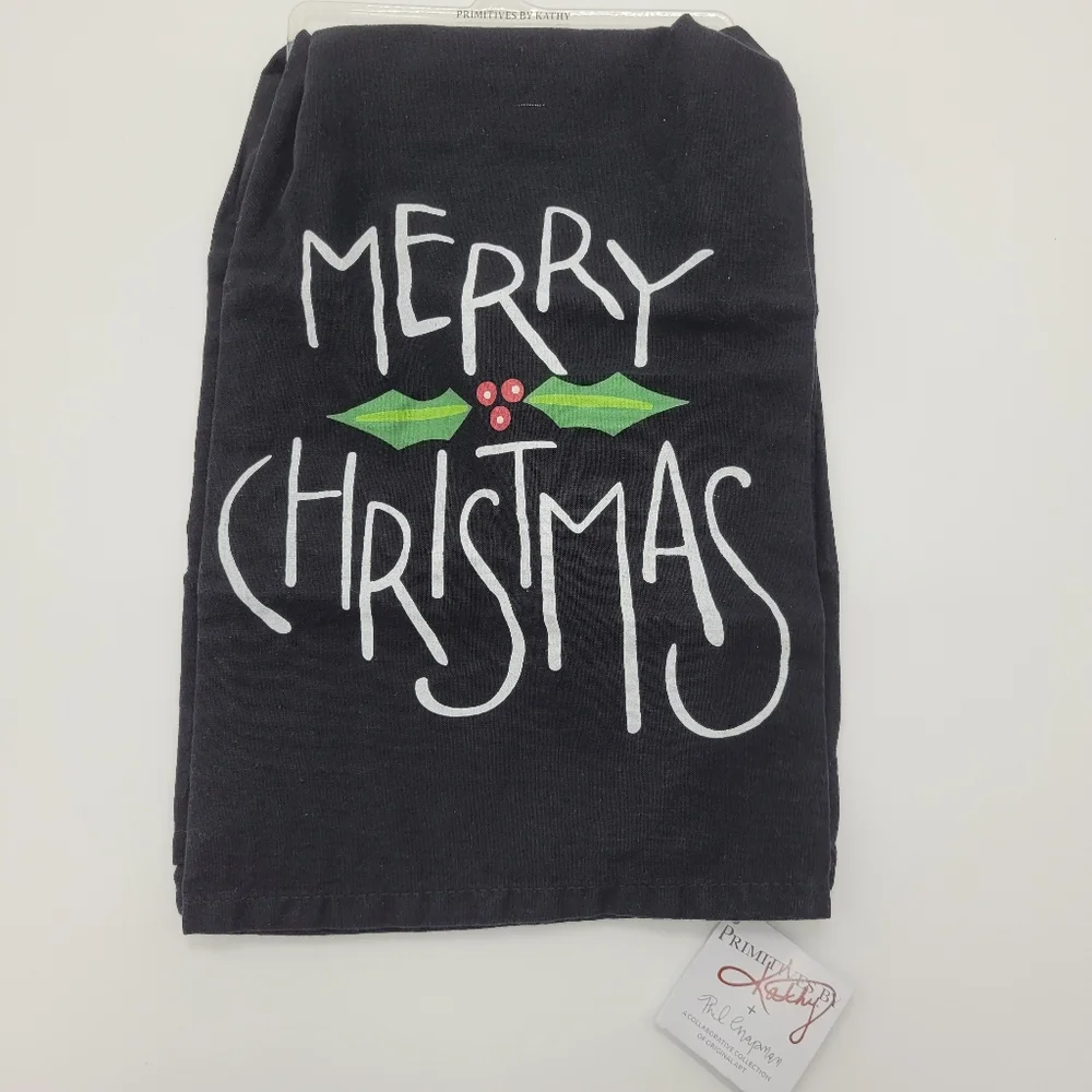 Primitives By Kathy Merry Christmas Black Kitchen Towel Cotton Holiday Holly NEW